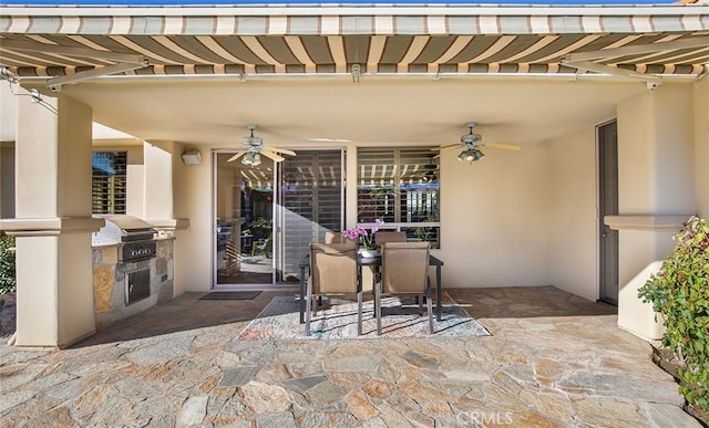 3 Mesquite Ridge Ln, Rancho Mirage, CA 92270 - view of patio featuring a ceiling fan, exterior kitchen, area for grilling, and outdoor dining space