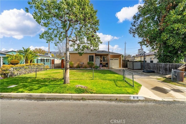 single story home with a garage and a front lawn