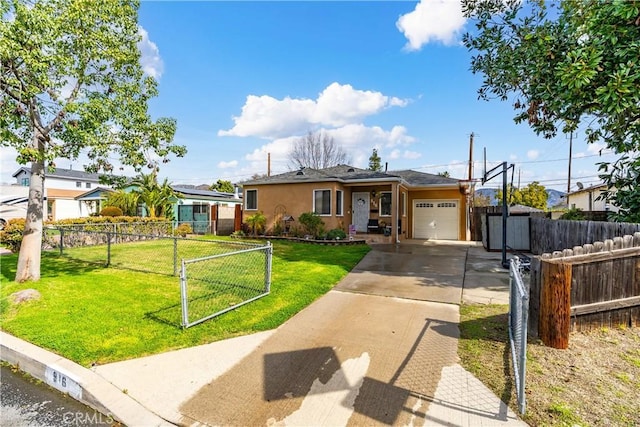 ranch-style home with a garage and a front yard