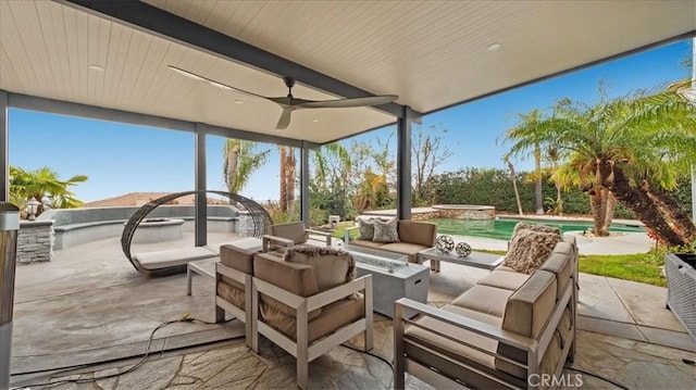 view of patio / terrace with a pool with connected hot tub, an outdoor living space, and a ceiling fan