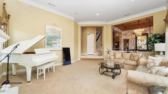 living room with ornamental molding, light colored carpet, visible vents, and baseboards