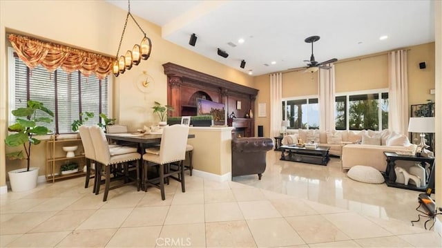 dining space featuring light tile patterned floors, ceiling fan, and recessed lighting