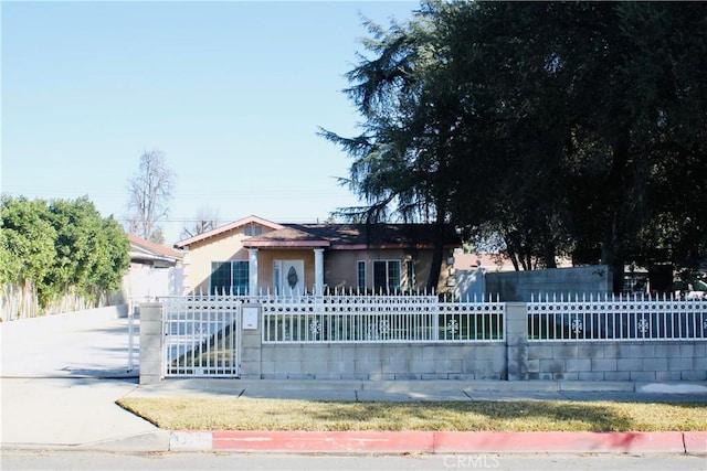 view of front facade featuring driveway, a fenced front yard, and a gate