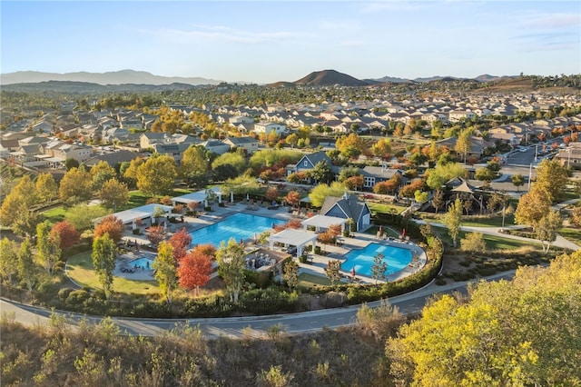 aerial view featuring a residential view and a mountain view