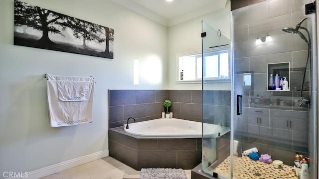 bathroom with ornamental molding and plus walk in shower