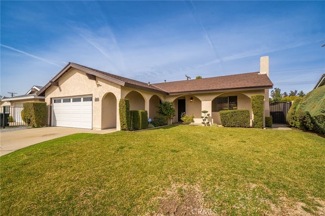 single story home featuring a garage and a front lawn