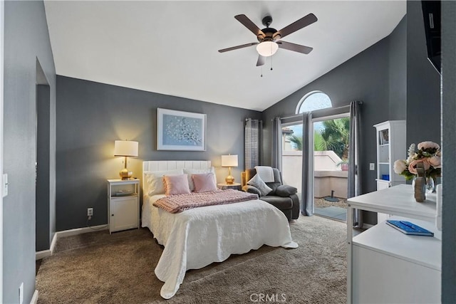 carpeted bedroom featuring lofted ceiling, access to exterior, baseboards, and a ceiling fan