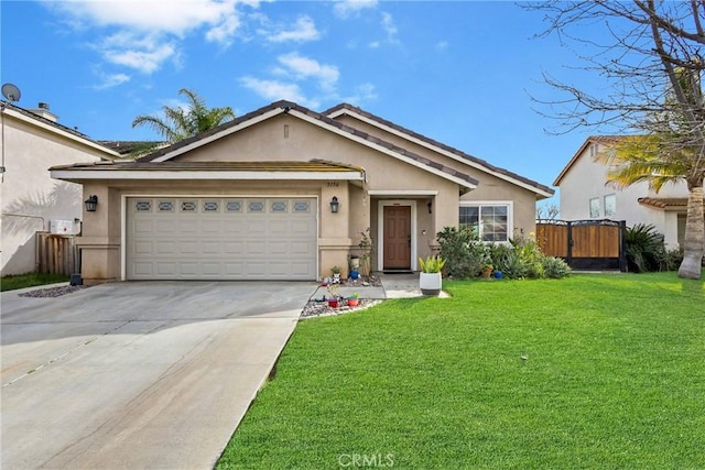 ranch-style home featuring stucco siding, an attached garage, a front yard, fence, and driveway