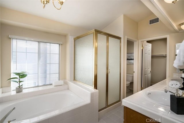 full bath featuring double vanity, visible vents, a sink, a shower stall, and a bath