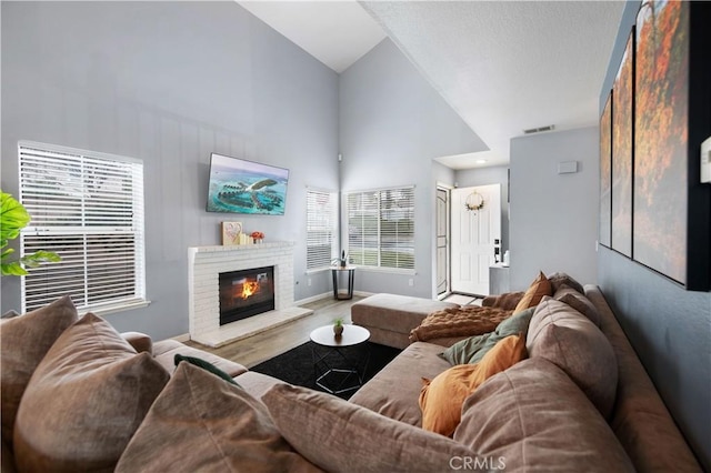 living room featuring light hardwood / wood-style flooring, a fireplace, and high vaulted ceiling