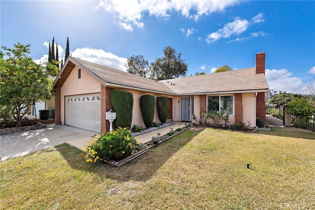 ranch-style home with a garage and a front yard