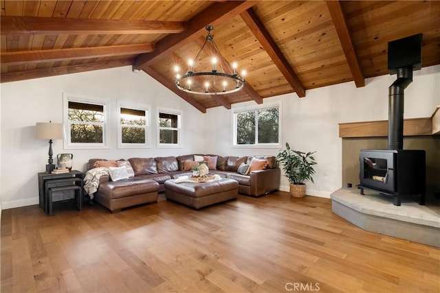 living room featuring beam ceiling, light wood-style flooring, wood ceiling, a wood stove, and baseboards