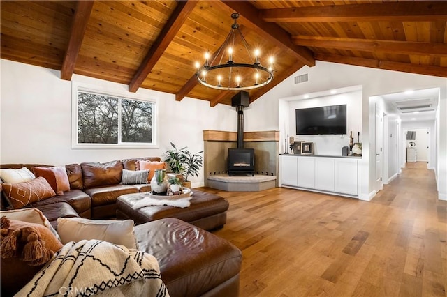 9243 Turner Ln, Durham, CA 95938 - living room featuring wooden ceiling, a wood stove, a chandelier, light wood-style floors, and a wall unit AC