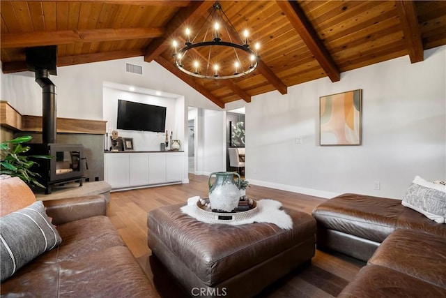 living room featuring visible vents, an inviting chandelier, a wood stove, wood finished floors, and wooden ceiling