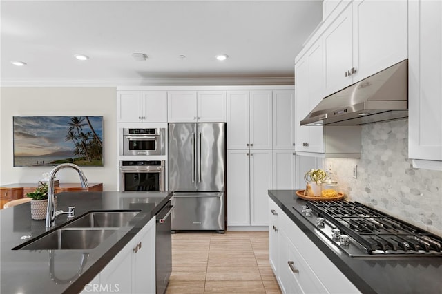 kitchen with white cabinets, stainless steel appliances, under cabinet range hood, a sink, and backsplash