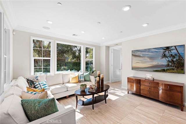 living area with ornamental molding, visible vents, and recessed lighting