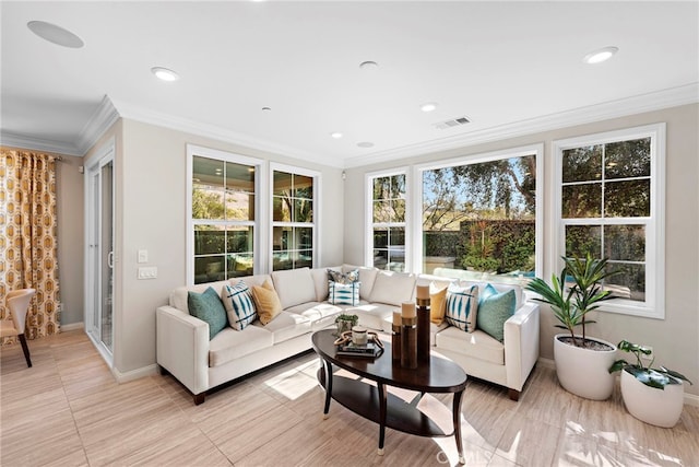 living room featuring recessed lighting, crown molding, baseboards, and visible vents
