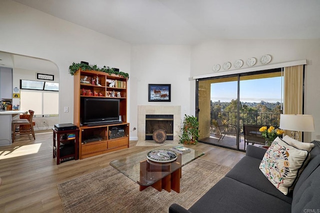 living room featuring light hardwood / wood-style floors, a tile fireplace, and lofted ceiling