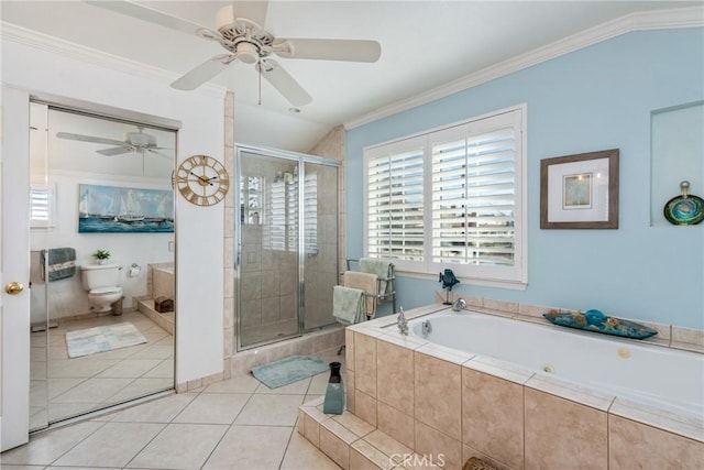 bathroom with tile patterned floors, ornamental molding, shower with separate bathtub, and toilet