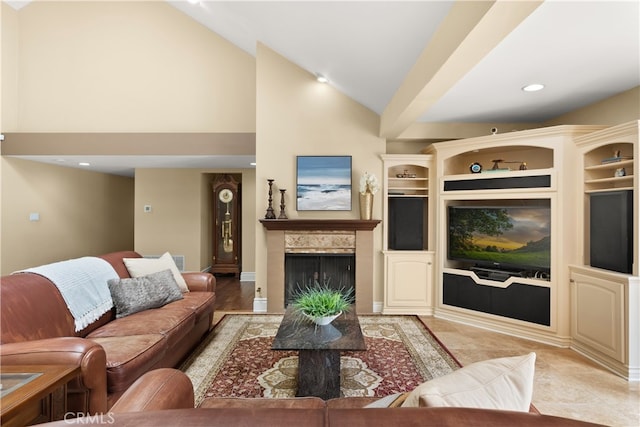 living room featuring baseboards, high vaulted ceiling, built in shelves, and a fireplace