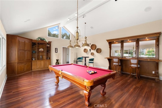 recreation room featuring wood finished floors, billiards, beamed ceiling, and bar