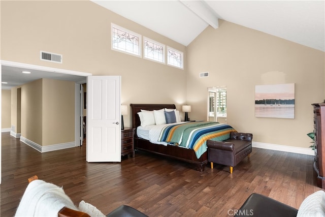 bedroom featuring wood finished floors, beamed ceiling, baseboards, visible vents, and high vaulted ceiling