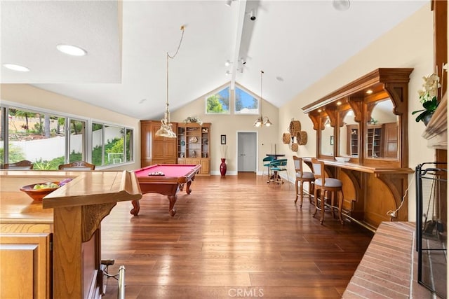 game room featuring dark wood-style floors, baseboards, vaulted ceiling with beams, and pool table
