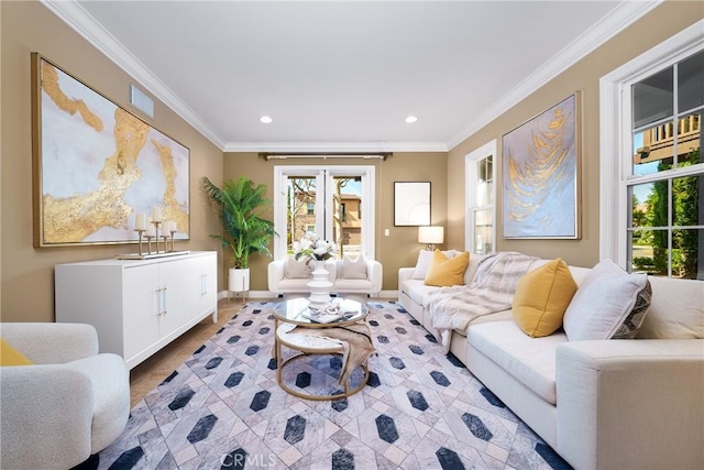 living room with ornamental molding