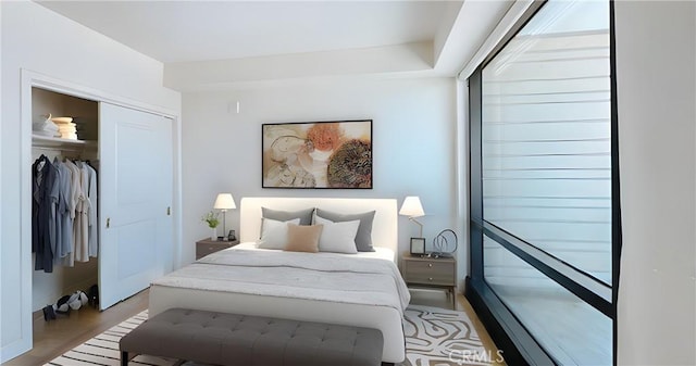 bedroom featuring light wood-style flooring and a closet