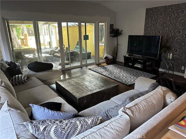 4645 Ledge Ave, Toluca Lake, CA 91602 - living area with wood finished floors and lofted ceiling