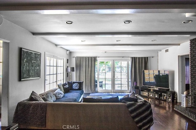 4645 Ledge Ave, Toluca Lake, CA 91602 - living area featuring beamed ceiling, wood finished floors, and recessed lighting