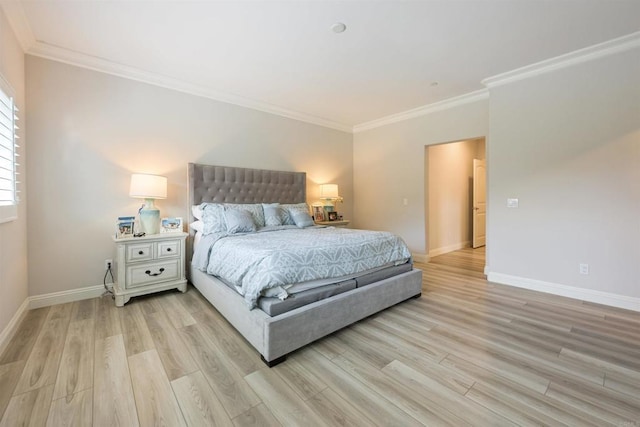 bedroom featuring crown molding and light hardwood / wood-style flooring