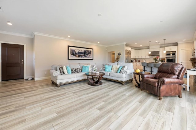 living room with crown molding and light hardwood / wood-style flooring