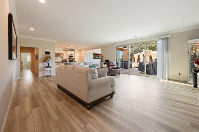 living room with crown molding and light hardwood / wood-style flooring