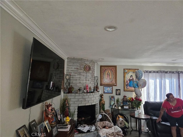 living room with crown molding and a brick fireplace