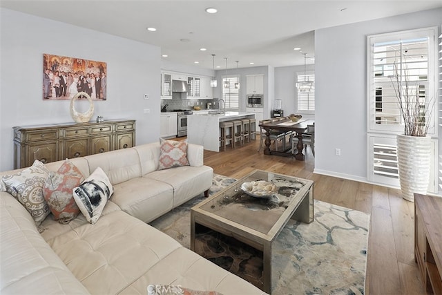 living room featuring light hardwood / wood-style flooring and sink