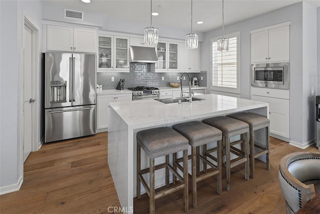 kitchen featuring a kitchen island with sink, range hood, sink, light stone counters, and high quality appliances