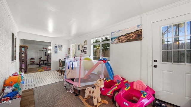 playroom with dark wood-style flooring and crown molding