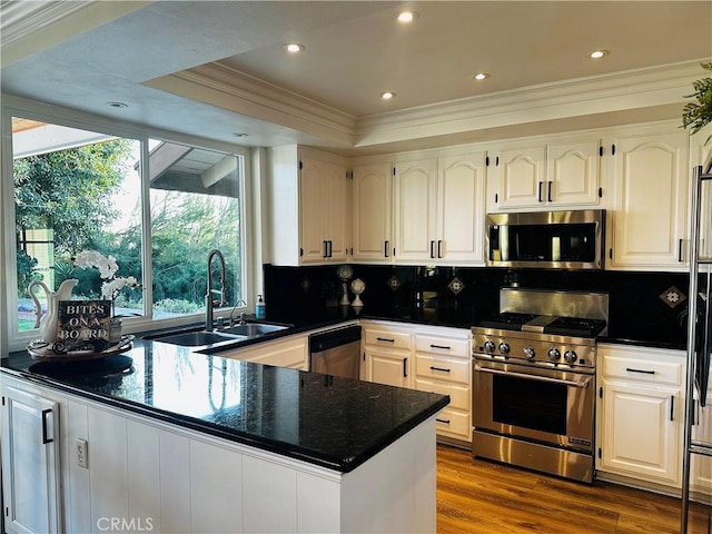 2120 E White Lantern Ln, Orange, CA 92867 - kitchen with stainless steel appliances, a sink, ornamental molding, dark countertops, and a peninsula