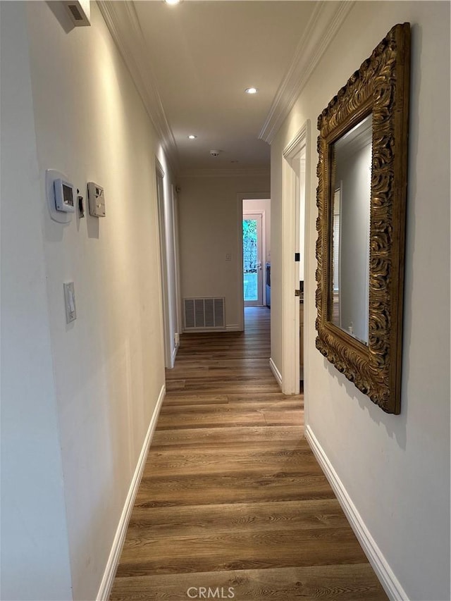 2120 E White Lantern Ln, Orange, CA 92867 - hall featuring ornamental molding, wood finished floors, recessed lighting, and baseboards