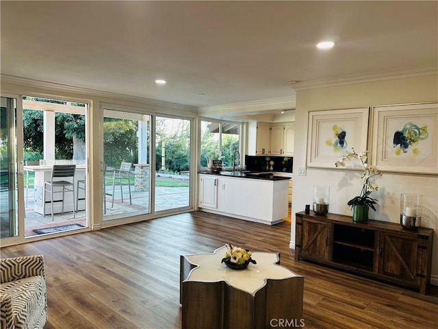 2120 E White Lantern Ln, Orange, CA 92867 - living room with crown molding, dark wood-type flooring, and recessed lighting