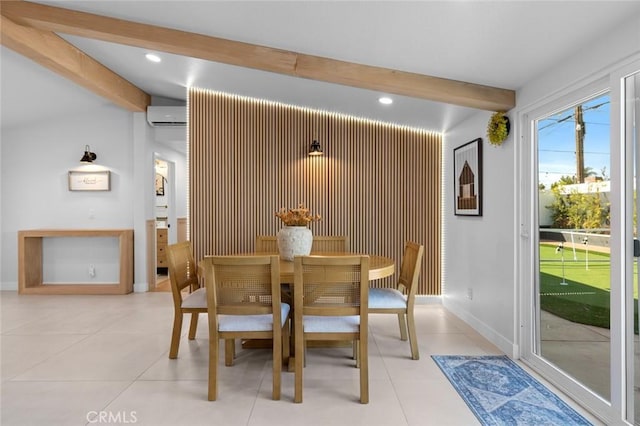 dining space featuring baseboards, beamed ceiling, a wall unit AC, and recessed lighting