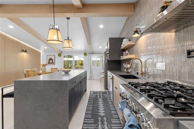 kitchen with beamed ceiling, a kitchen island, ventilation hood, modern cabinets, and range