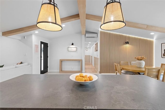 unfurnished dining area with lofted ceiling with beams, an AC wall unit, and recessed lighting