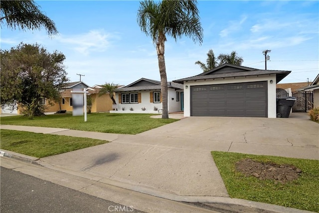 ranch-style house featuring stucco siding, driveway, an attached garage, and a front yard