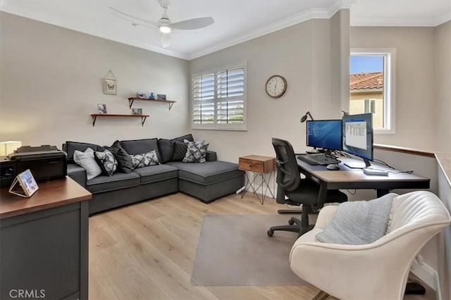 office space featuring light wood-style floors, ornamental molding, and ceiling fan