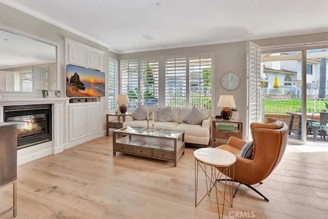 living area with ornamental molding, a glass covered fireplace, and light wood-style floors