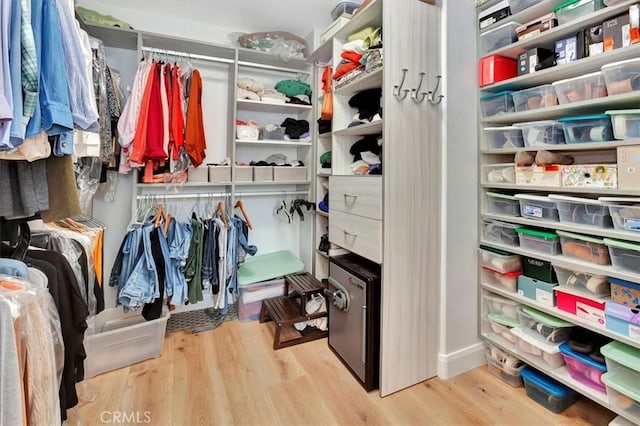 walk in closet with wood finished floors