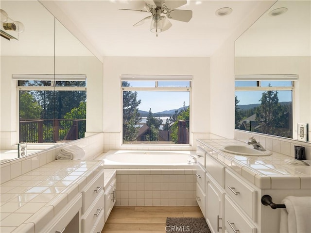 bathroom featuring tiled bath, hardwood / wood-style flooring, a healthy amount of sunlight, and vanity