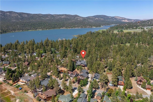 birds eye view of property featuring a water and mountain view